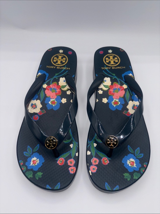 Tory Burch Shoes - Tory Burch Navy Floral Logo Thong Sandals